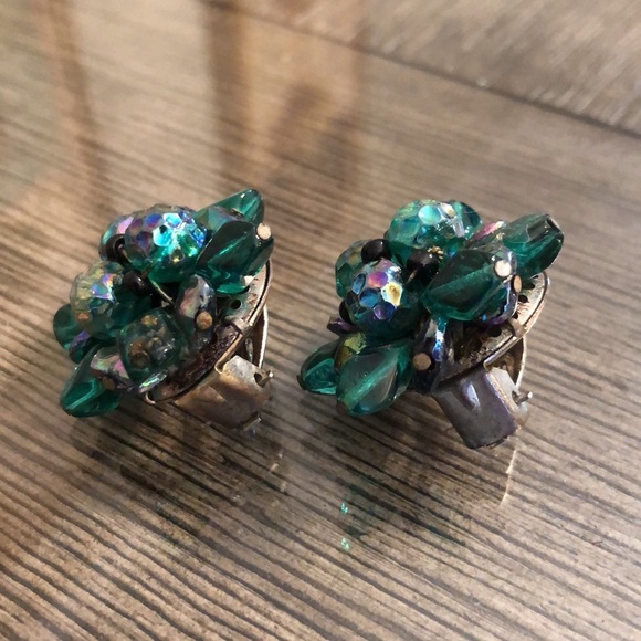 Vintage Clip Earrings Iridescent Glass Beads West Germany - Picture 5 of 12